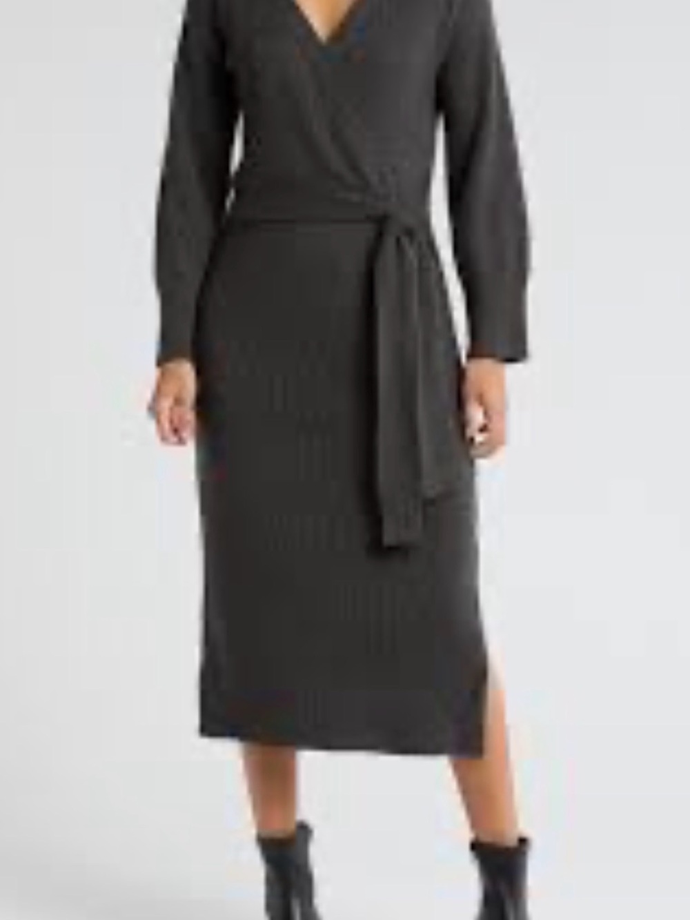 WAYF Sz S Gray Knit V-Neck Long Sleeve Stretch Tie Midi Wrap
Sweater Dress NWT